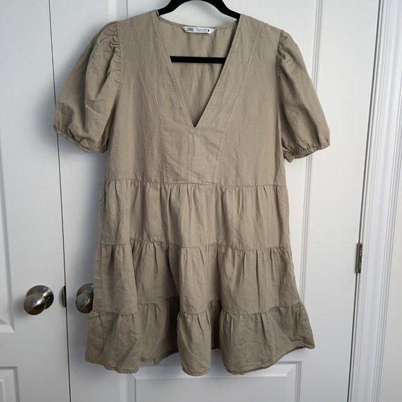 Zara Tiered Linen Blend Babydoll Dress V Neck Ruffled Hem Balloon Sleeve Size L - Picture 9 of 14